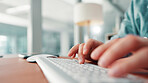 Hands, keyboard and typing with writer at desk, story draft or article writing with person in workplace. Closeup, computer and copywriting, review or email feedback with employee in publishing