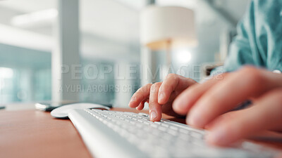 Buy stock photo Hands, keyboard and typing with writer at desk, story draft or article writing with person in workplace. Closeup, computer and copywriting, review or email feedback with employee in publishing