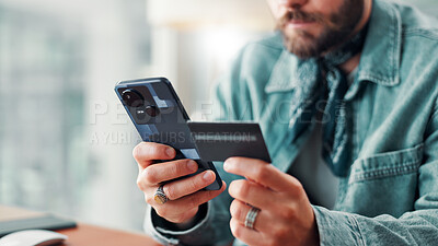 Buy stock photo Hands, business person and phone with credit card for internet subscription for membership plan. Employee, creative man and technology for banking, application payment or online shopping in office