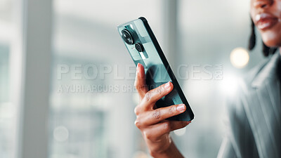 Buy stock photo Hands, business woman and phone with internet connection for networking, communication or email. Employee, female person and technology for typing on social media, search and message with space