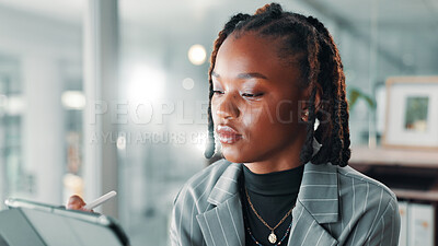 Buy stock photo Office, black woman and research with tablet for business, digital agency and connection for email. Workplace, female person and consultant with technology for startup information, website or report 