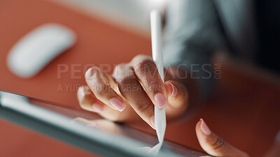 Buy stock photo Tablet, stylus and hands of woman for graphic design, cartoon illustrator and drawing with closeup in office. Process, art and tech, animator for digital comic and creative project at media startup
