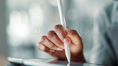 Buy stock photo Tablet, stylus and hands of woman in closeup for graphic design, cartoon illustrator and drawing in office. Process, art and tech, animator for digital comic and creative project at media startup