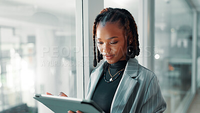 Buy stock photo Black woman, business and tablet with internet connection for networking, legal communication email. Lawyer, person and technology for case notes, research and defense with evidence review or space