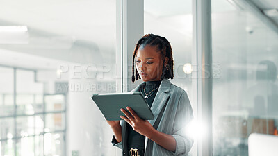 Buy stock photo Business, black woman and tablet in office with internet connection for networking, communication or email. Corporate, serious person and technology for flare, search and planning online with space