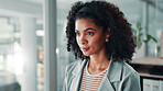 Thinking, face and woman in office with creative ideas, research and brainstorming for project management. Professional startup, interior designer or businesswoman with entrepreneur problem solving