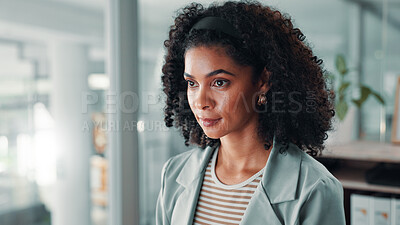 Buy stock photo Thinking, face and woman in office with creative ideas, research and brainstorming for project management. Professional startup, interior designer or businesswoman with entrepreneur problem solving