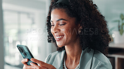 Buy stock photo Woman, phone and smile for funny social media post, communication or meme online on work break. Relax, happy and female employee on mobile app for chat, notification or reading digital comic or ebook