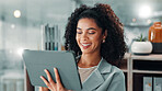 Woman, tablet and smile for funny social media post, communication or meme online on work break. Relax, happy and female employee on app for chat, notification or reading digital comic or ebook