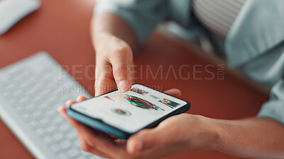 Buy stock photo Hands, business person and phone screen for food order with internet shop, online shopping or menu. Employee, hungry and technology for touch, search and restaurant delivery for lunch on app