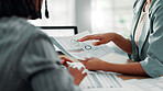 Collaboration, hands and colleagues with documents, stats and review of information for financial report. Team, auditor and people with paperwork for income statement, business and planning with data