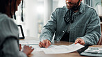 Business people, hands and pointing with documents for analytics, company report or statistics at office. Businessman, colleagues or employees with paperwork for finance review, budget or performance