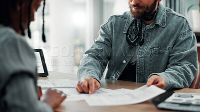 Buy stock photo Business people, hands and pointing with documents for analytics, company report or statistics at office. Businessman, colleagues or employees with paperwork for finance review, budget or performance