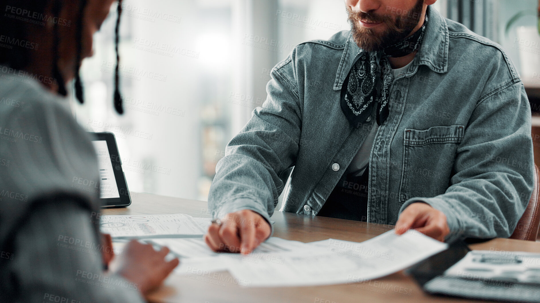 Buy stock photo Business people, hands and pointing with documents for analytics, company report or statistics at office. Businessman, colleagues or employees with paperwork for finance review, budget or performance