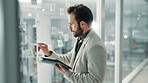 Business man, writing and glass board with tablet, ideas or strategy for financial planning mindmap with online research, Digital, information or checklist for budget, funding or finance solution