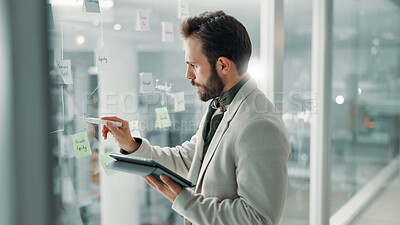 Buy stock photo Business man, writing and glass board with tablet, ideas or strategy for financial planning mindmap with online research, Digital, information or checklist for budget, funding or finance solution