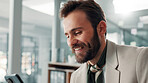 Businessman, phone and smile for funny social media meme, distraction or online joke on work break. Relax, mobile or happy financial consultant on app for chat, notification or reading humor in ebook