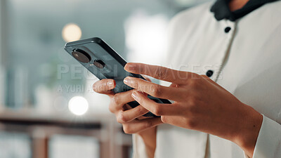 Buy stock photo Phone, hands and business woman typing for communication, internet connection or networking. Employee, person and technology for marketing email, search and planning online for social media page