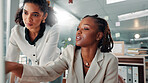 Women, business and computer with advice or coaching, pointing at research and SEO team. Branding, strategy and website explanation with digital marketing training, African colleagues and meeting