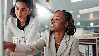 Buy stock photo Women, business and computer with advice or coaching, pointing at research and SEO team. Branding, strategy and website explanation with digital marketing training, African colleagues and meeting