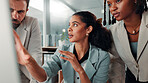 People, business and computer with advice or training, information or research for SEO team task. Branding, strategy and website explanation with digital marketing coaching, colleagues and meeting