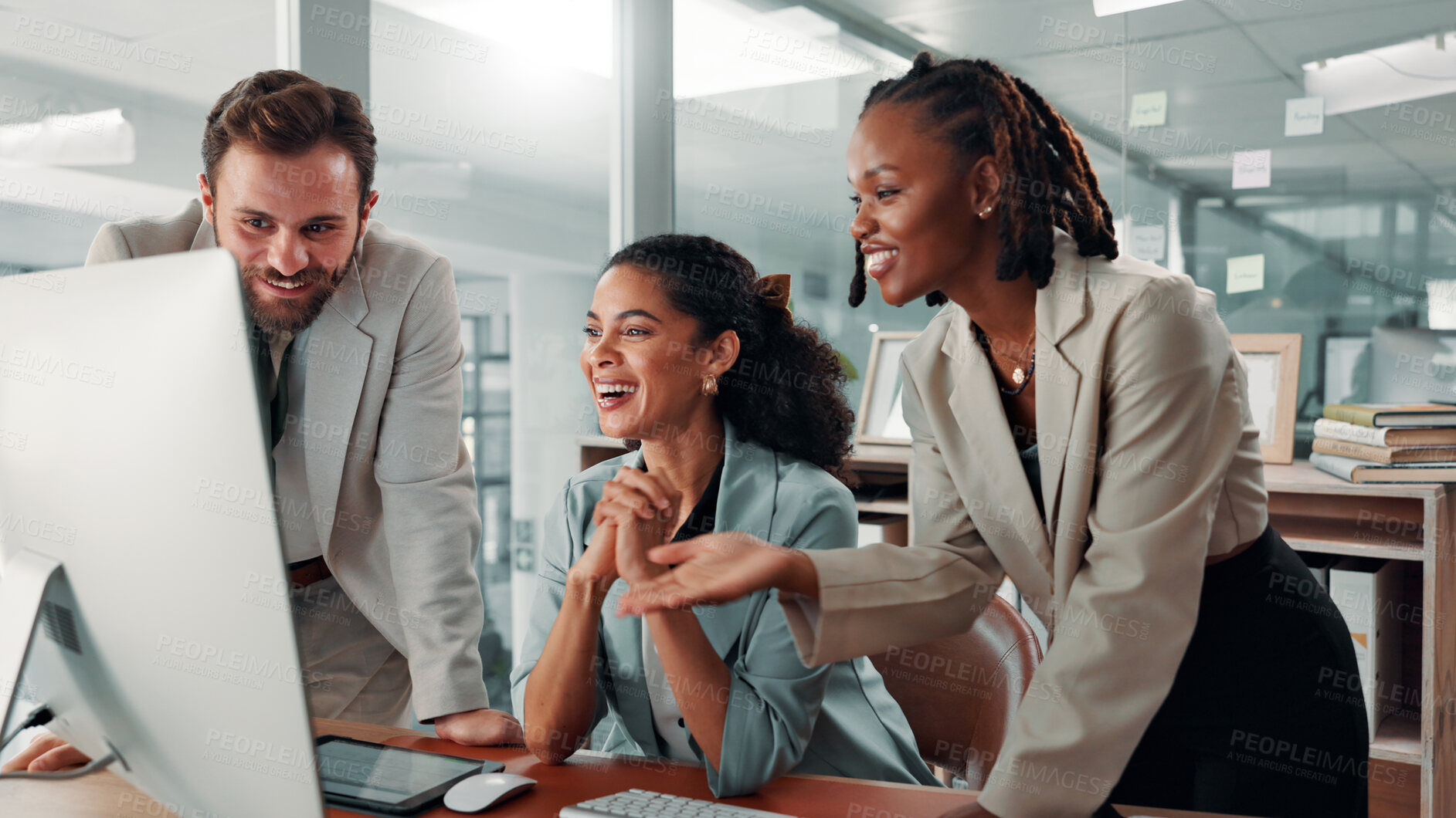 Buy stock photo Computer, group and business people with discussion for project, insurance sales or risk management. Happy team, meeting or planning on desktop for financial policy, brainstorming or laugh in office