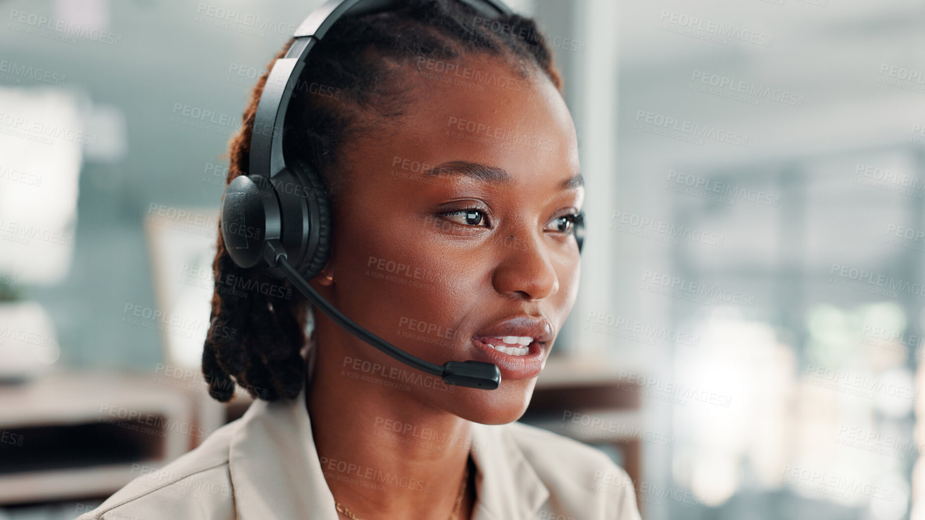 Buy stock photo Black woman, headset and callcenter agent in workplace, microphone and telemarketing business. Communication, contact with African sales consultant and telecom agency, talk and outbound phone call