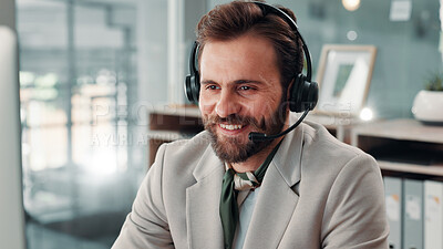 Buy stock photo Man, office and call center for communication, CRM and contact us for customer service or help desk. Male consultant, mic and headset with online support, advice or assistance for telecom agency
