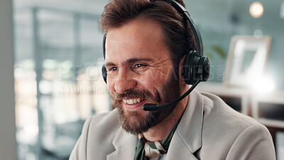 Buy stock photo Man, smile and call center for communication, CRM and contact us for customer service or help desk. Male consultant, mic and headset with online support, advice or assistance for telecom agency