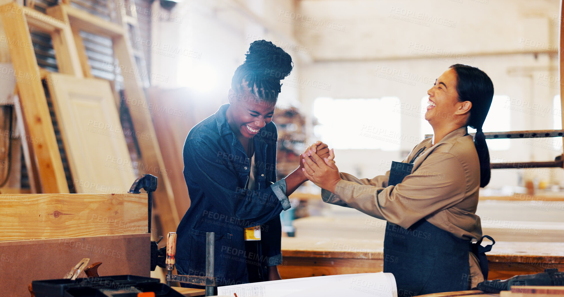 Buy stock photo Women, celebration and team with wood, warehouse and happy with support, goals and smile. People, partnership and excited with cheers, win and achievement in timber industry for production at plant