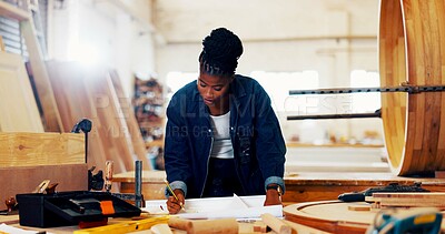 Buy stock photo Carpentry, drawing and industry with black woman in workshop for manufacturing or production process. Creative, design and planning with carpenter in woodwork studio for craftsmanship or manual labor