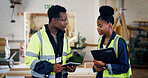 Team, tablet and clipboard in factory for timber distribution, inspection and black people with schedule for warehouse. Wood supplier, lumber or planks with man and woman for quality check of stock