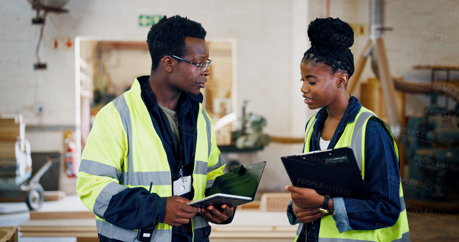 Buy stock photo Team, tablet and clipboard in factory for timber distribution, inspection and black people with schedule for warehouse. Wood supplier, lumber or planks with man and woman for quality check of stock
