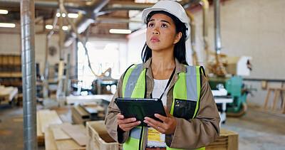 Buy stock photo Planning, woman and carpenter with tablet for construction, insight and vision for development. Technology, inspection and engineer in warehouse for woodwork, manufacturing and thinking in industry