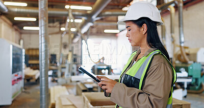 Buy stock photo Engineer, woman and carpenter with tablet for construction, planning and lumber for development. Technology, inspection and worker in warehouse for woodwork, manufacturing and production in industry