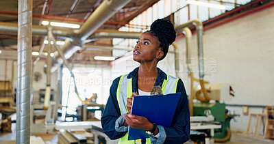 Buy stock photo Checklist, woodwork and clipboard with black woman in factory for furniture, manufacturing or carpenter. Lumber inventory, cabinetry construction and distribution warehouse with person and inspection