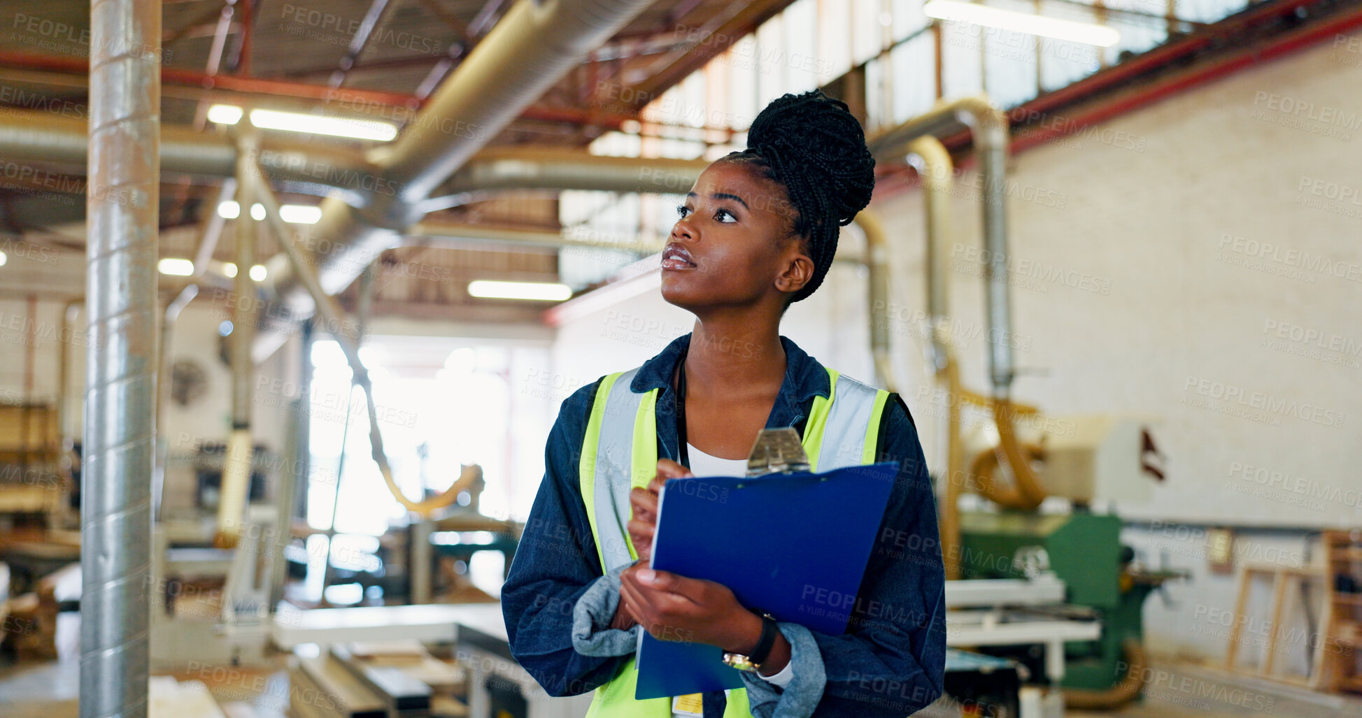 Buy stock photo Checklist, woodwork and clipboard with black woman in factory for furniture, manufacturing or carpenter. Lumber inventory, cabinetry construction and distribution warehouse with person and inspection