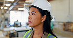 Thinking, woman and construction worker in workshop for project, planning or maintenance in building. Decision, brainstorming and Asian female engineer on site for repairs at industry warehouse.