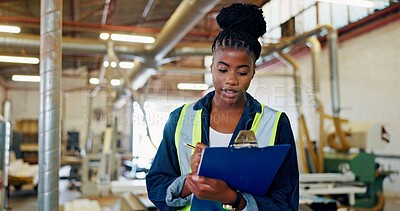 Buy stock photo Writing, planning and woodwork with black woman in warehouse for carpenter, checklist and manager. Inspection, supplier inventory and furniture with person in factory for clipboard and distribution