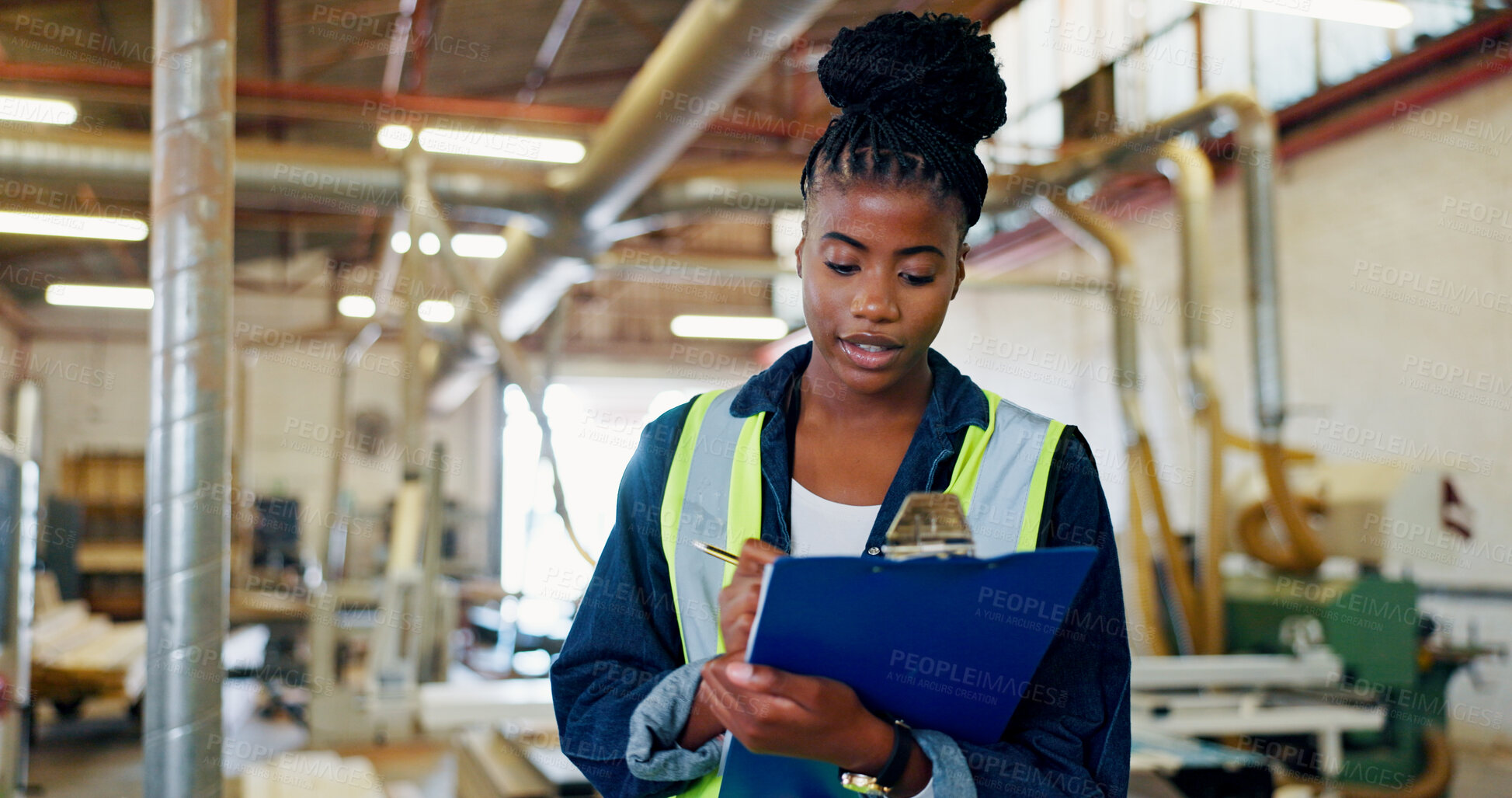 Buy stock photo Writing, planning and woodwork with black woman in warehouse for carpenter, checklist and manager. Inspection, supplier inventory and furniture with person in factory for clipboard and distribution