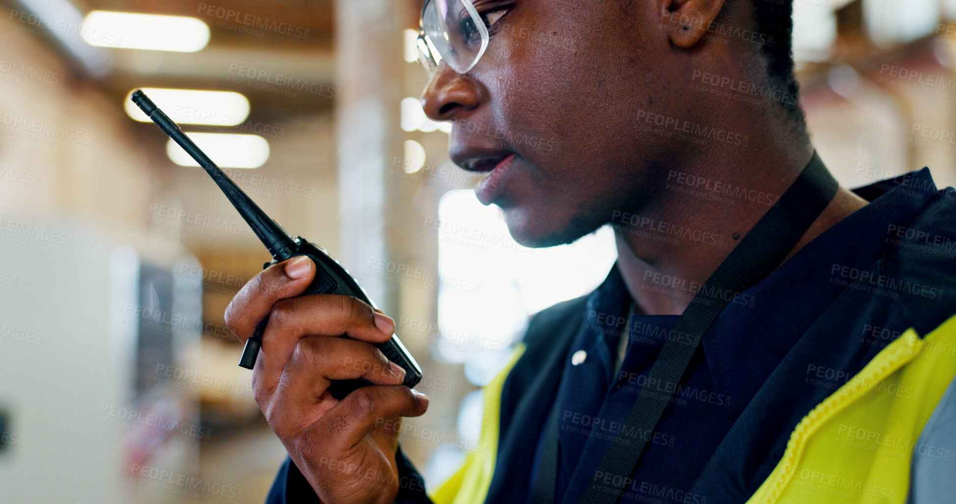 Buy stock photo Radio, hands and talking with black man in warehouse for security, inspection and export. Communication, lumber logistics and feedback with person in factory for manufacturing and safety manager