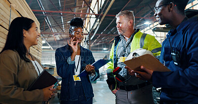 Buy stock photo Team, clipboard and ok sign in factory for timber distribution approval, inspection and people with warehouse success. Wood supplier, lumber or gesture for yes with feedback and quality control