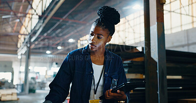 Buy stock photo Tablet, inspection and woodwork with black woman in warehouse for carpenter, digital checklist and search. Manager, supplier inventory and furniture with person in factory for online distribution