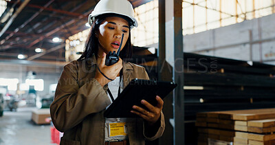 Buy stock photo Tablet, radio and woodwork with woman in warehouse for carpenter, digital checklist and communication. Inspection, supplier inventory and feedback with person in factory for online and distribution
