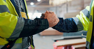 Buy stock photo People, engineer and handshake for carpentry at warehouse for partnership, agreement and construction deal. Men, shaking hands and welcome of b2b, manufacturing negotiation and onboarding opportunity