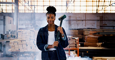 Buy stock photo Demolition, hammer and portrait of woman in construction industry for building remodel. Contractor, renovation and tool with confident African person in factory or warehouse for lumber occupation