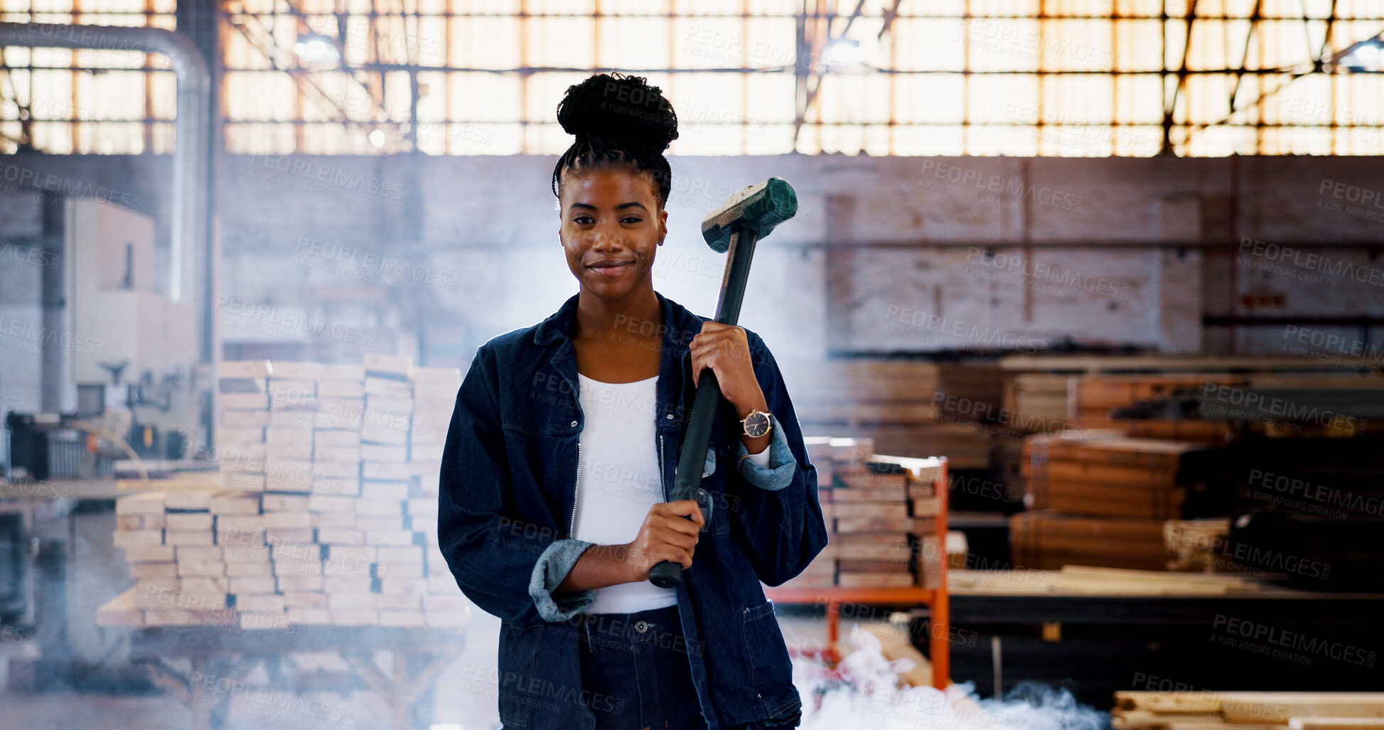 Buy stock photo Demolition, hammer and portrait of woman in construction industry for building remodel. Contractor, renovation and tool with confident African person in factory or warehouse for lumber occupation