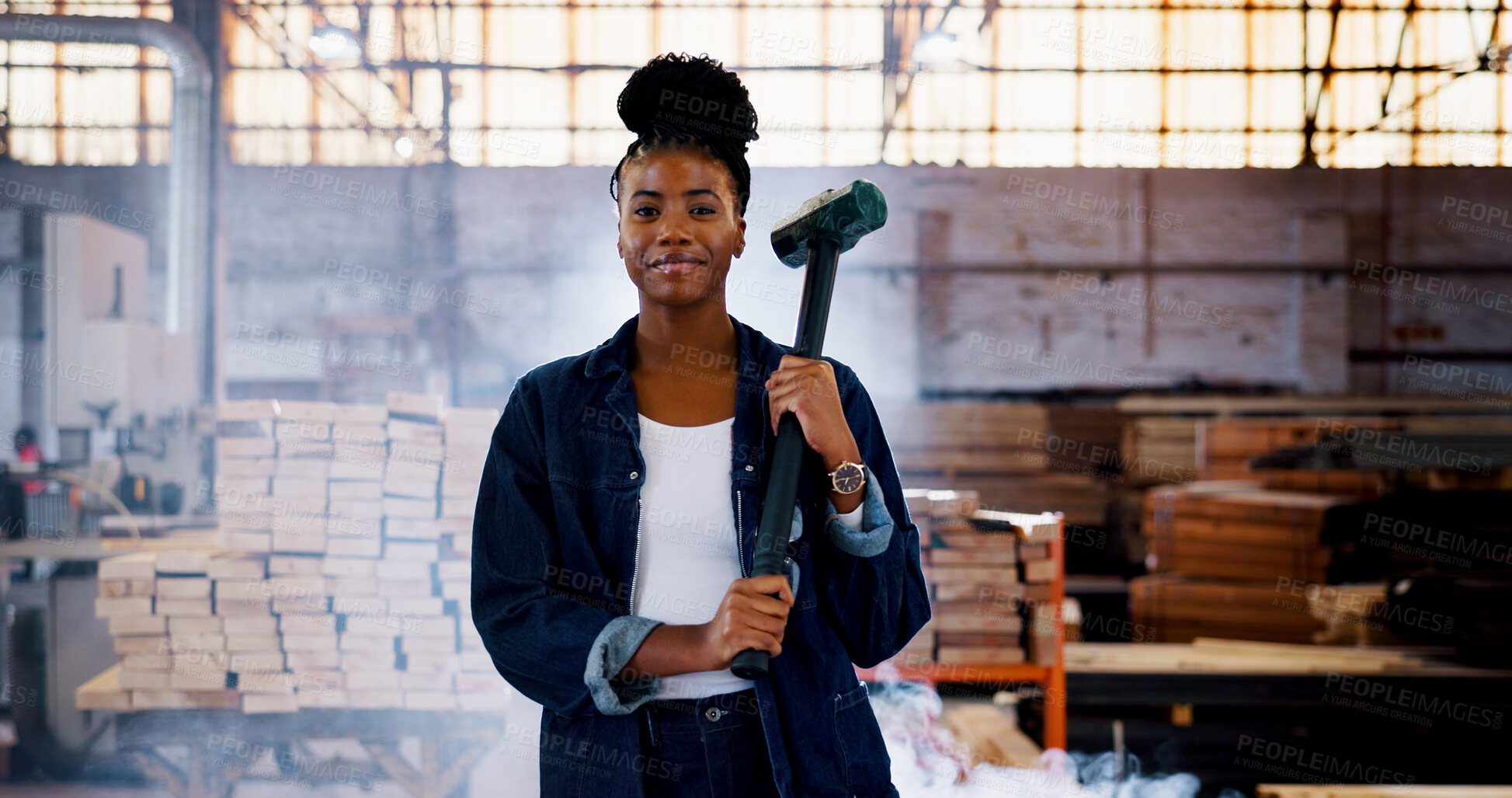 Buy stock photo Demolition, hammer and portrait of black woman in warehouse for building remodel. Contractor, renovation and tool with confident person in factory of construction industry for lumber occupation