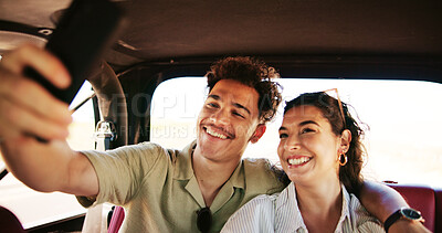 Buy stock photo Selfie, love and couple in car, smile and bonding together with romance, relationship and vacation. Journey, vehicle or man with woman, marriage or photography with summer holiday, memory or picture