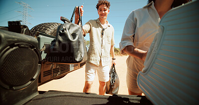 Buy stock photo Man, packing and bags in car for road trip preparation, travel luggage and ready for vacation. Couple, helping and suitcase in trunk for summer holiday, getaway adventure and transport journey